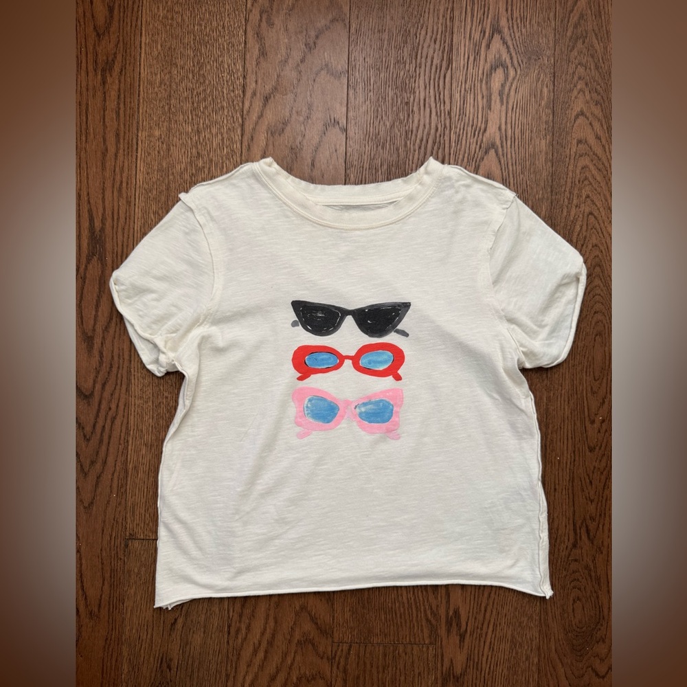 Anthropologie Maeve Cream Tee with Colorful Sunglasses Design - Phthalo Ruth